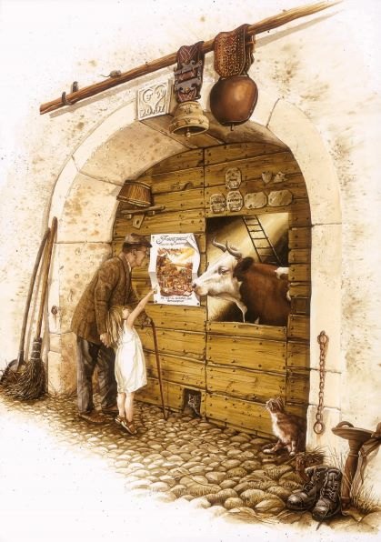 Dix ans. Un homme et un enfant lisent l'affiche sur la porte d'une grange, la vache passe la tête par la lucarne.