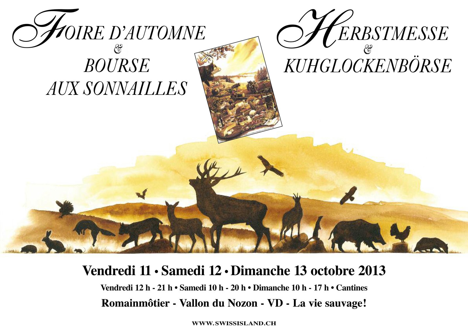 La vie sauvage. Cerf, lynx, sanglier, chamois et renard en ombres portées sur la colline.