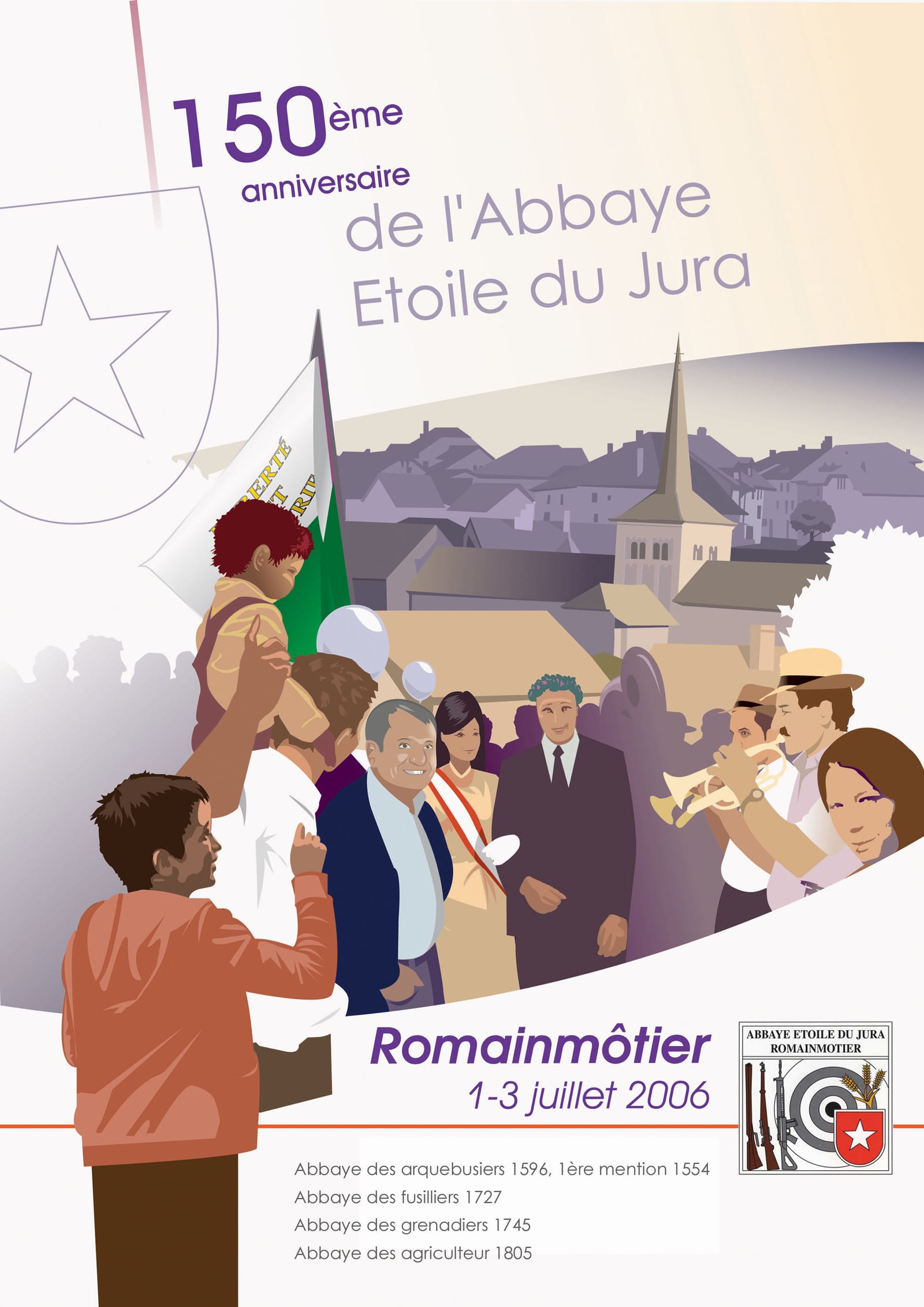 Affiche du 150e anniversaire de l'Abbaye Etoile du Jura, la foule et le clocher de Romainmôtier