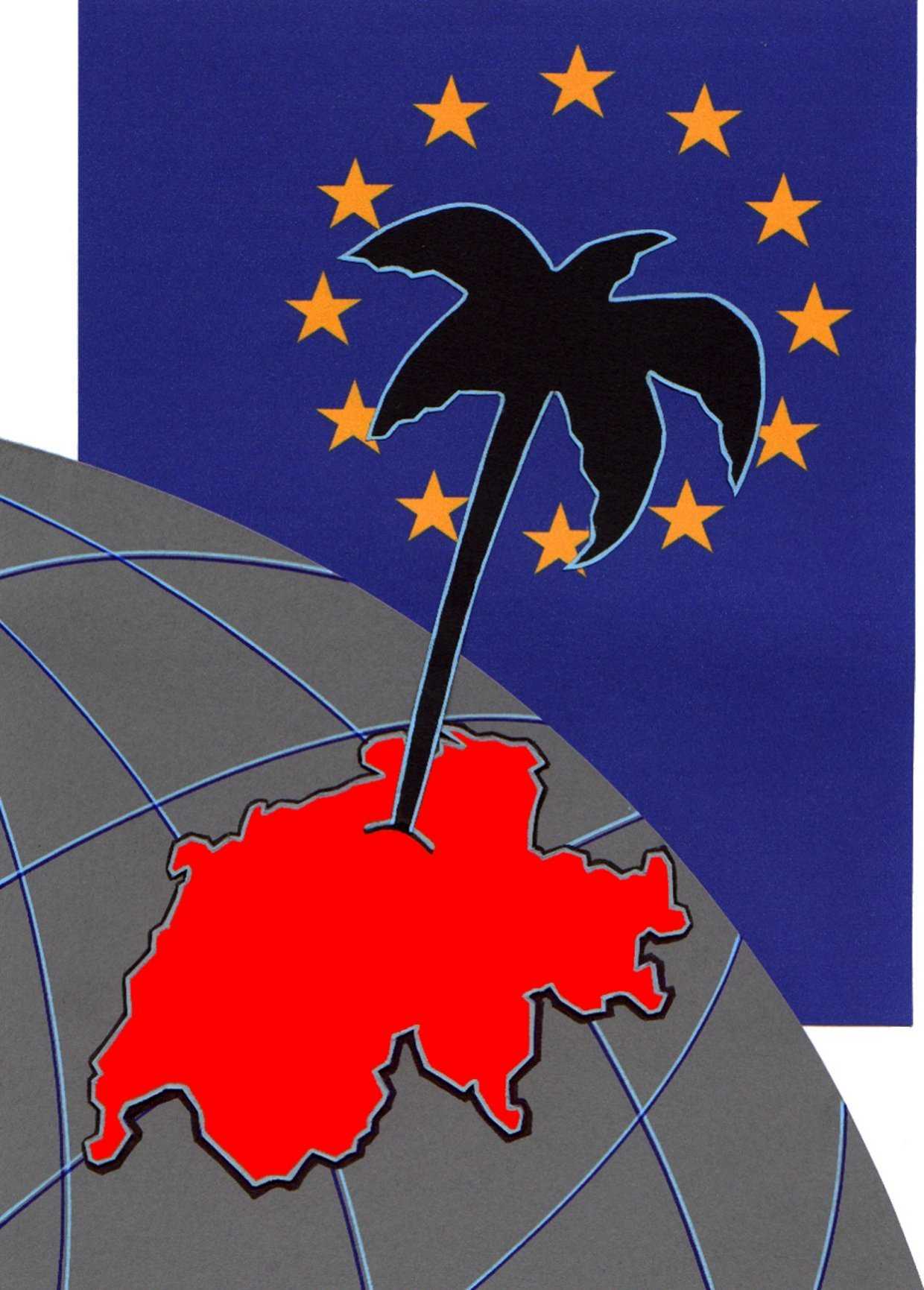 Le logo de swissisland.ch : un palmier sur une Suisse rouge, sous les étoiles européennes