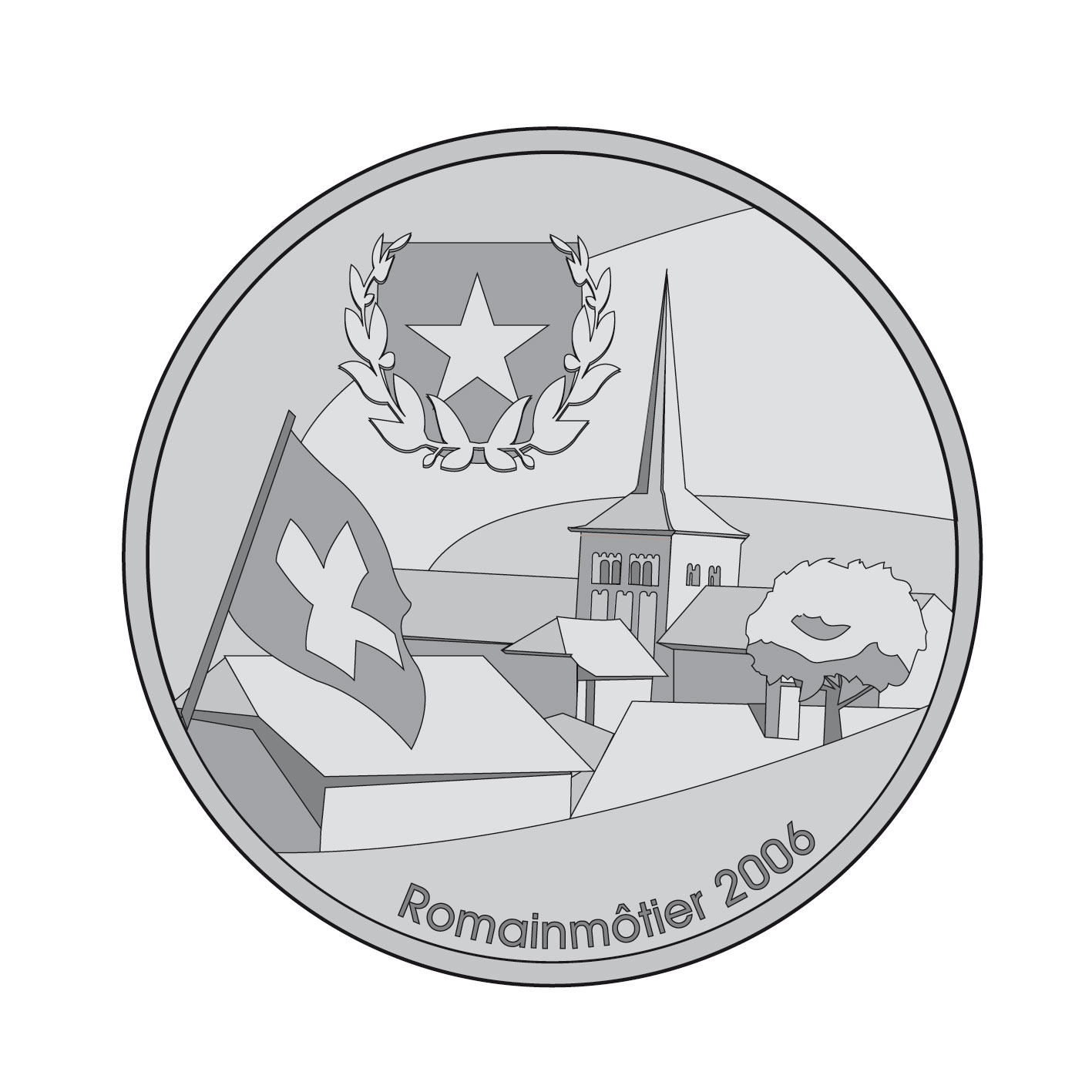 Médaille gravée : l'écusson à l'étoile, le drapeau suisse et le clocher de Romainmôtier
